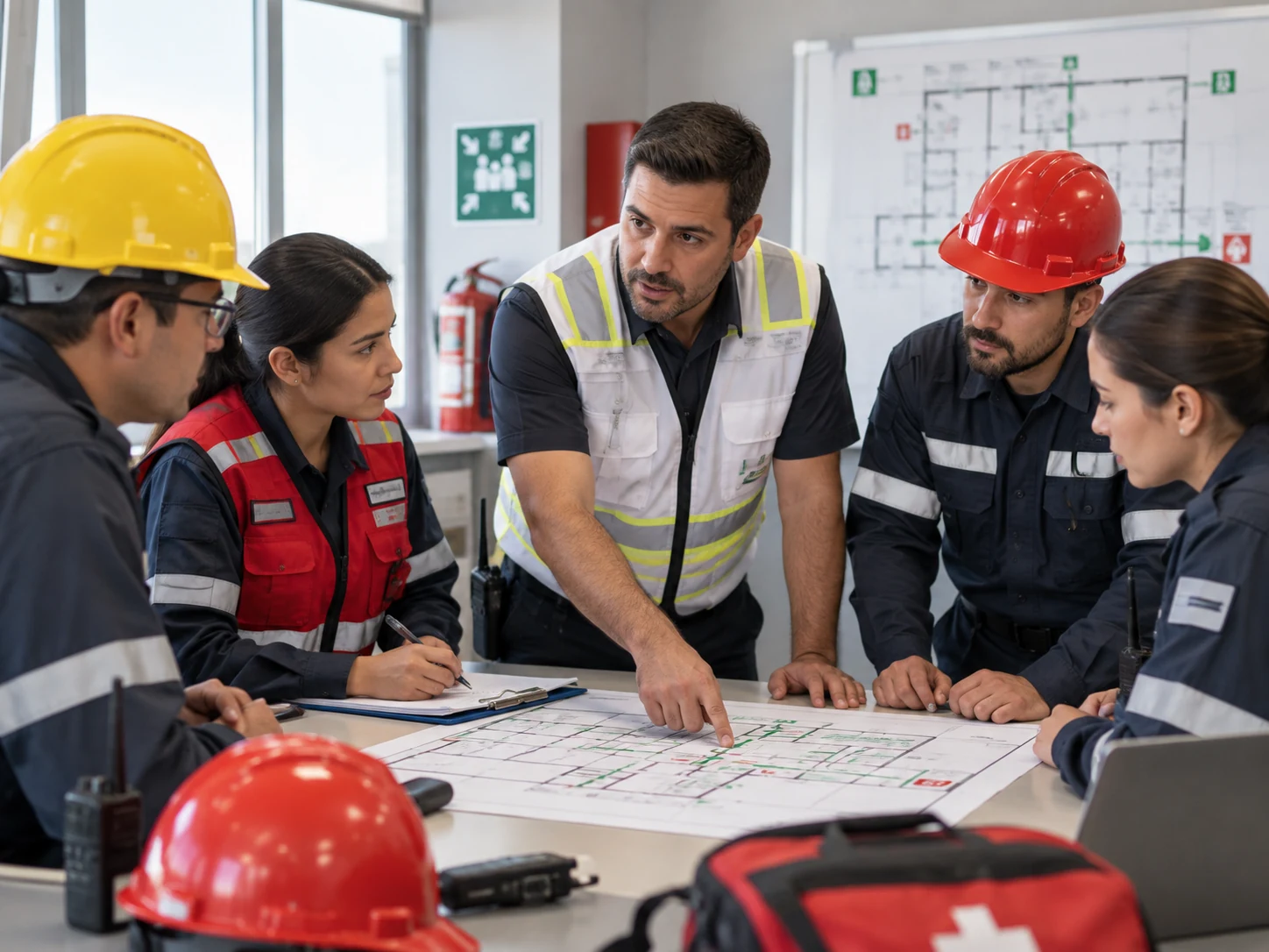 Equipo organizando roles y plan de brigada de emergencia