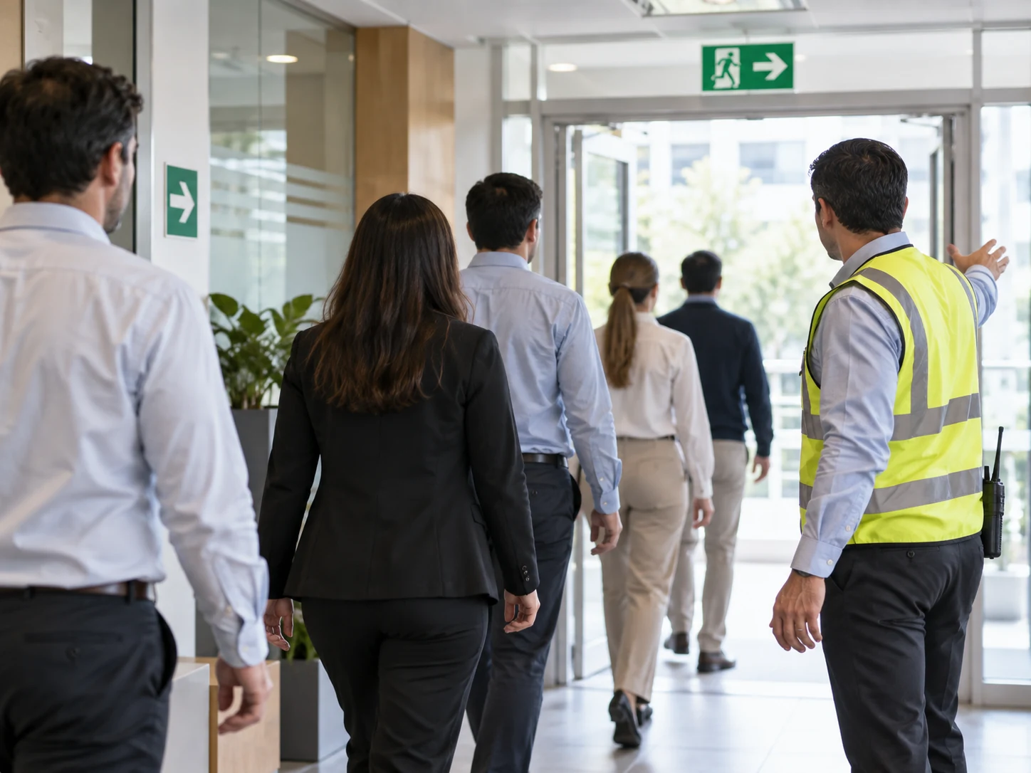 Personal participando en práctica guiada de evacuación empresarial